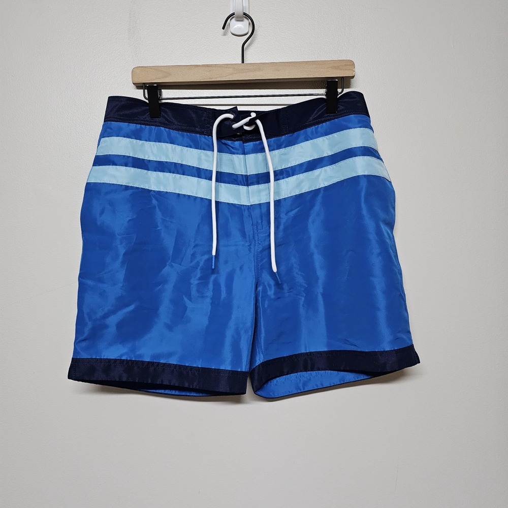 Boden Men's Swim Trunks Size 34 Blue Striped Board Shorts Mesh Lined Drawstring